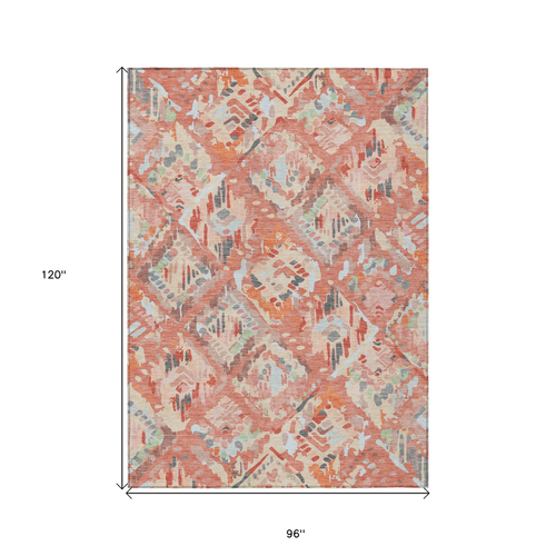 8' X 10' Coral And Orange Geometric Washable Indoor Outdoor Area Rug