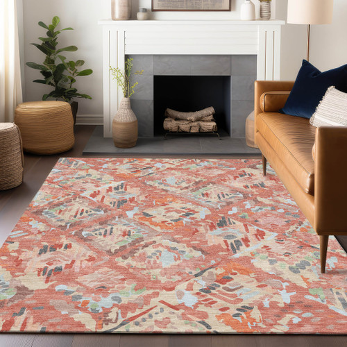 8' X 10' Coral And Orange Geometric Washable Indoor Outdoor Area Rug