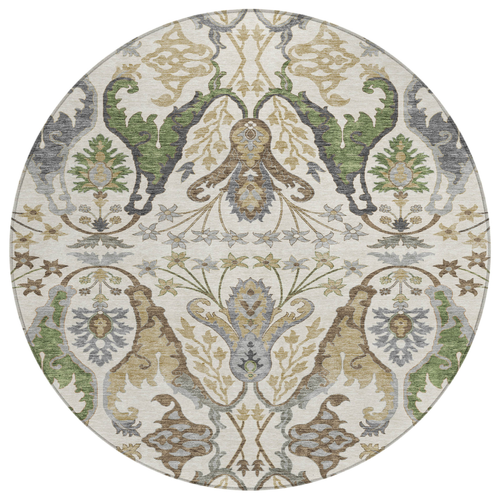 8' Ivory Green And Brown Round Floral Washable Indoor Outdoor Area Rug