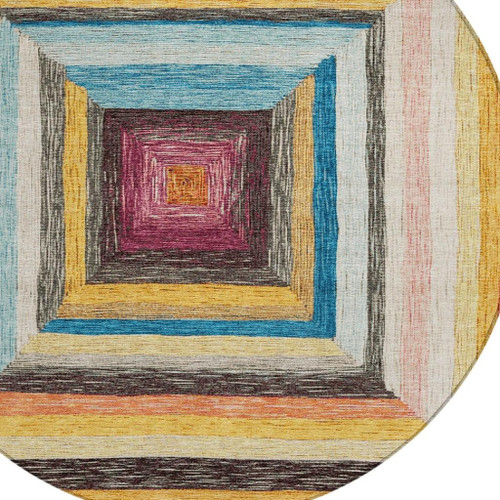 8' Amber Pink And Teal Blue Round Geometric Washable Indoor Outdoor Area Rug