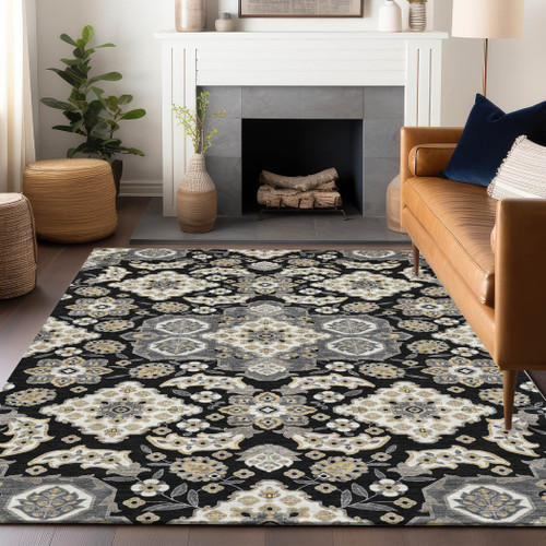 9' X 12' Black Gray And Beige Medallion Washable Indoor Outdoor Area Rug