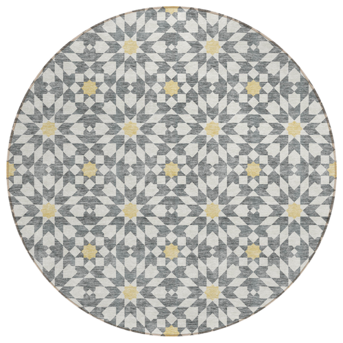 8' Gray Ivory And Gold Round Floral Medallion Washable Indoor Outdoor Area Rug