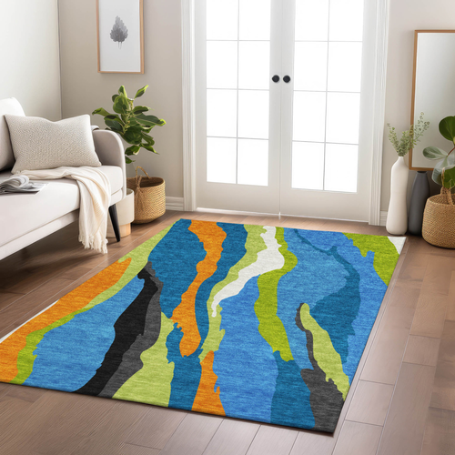 9' X 12' Denim Blue Copper And Green Abstract Washable Indoor Outdoor Area Rug