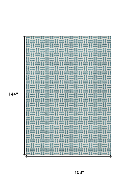 9' X 12' Teal Blue And Ivory Geometric Washable Indoor Outdoor Area Rug