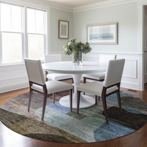 8' Brown Blue And Green Round Abstract Washable Indoor Outdoor Area Rug