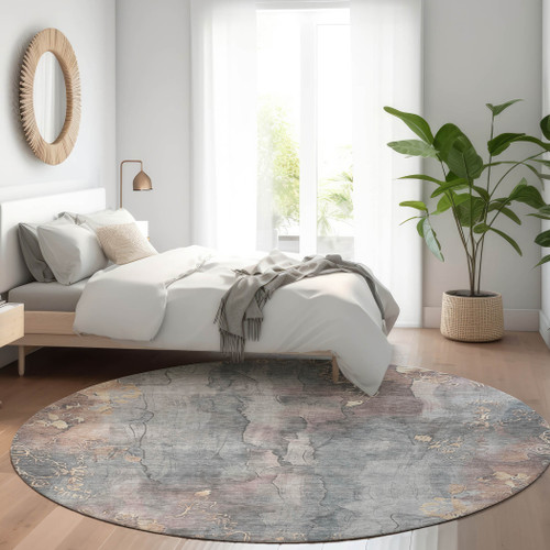8' Gray And Beige Round Floral Washable Indoor Outdoor Area Rug