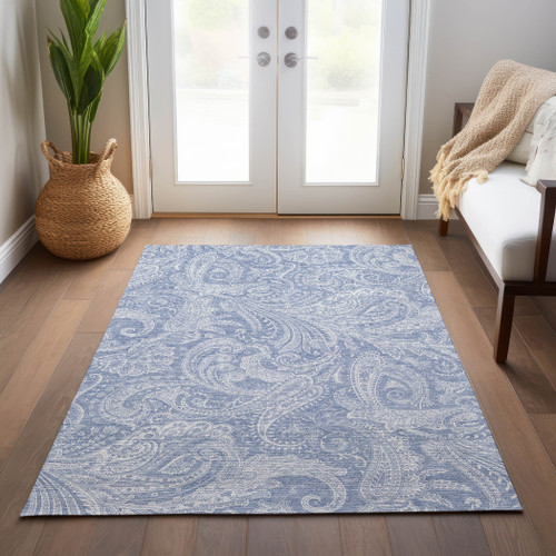 10' X 14' Denim Blue Sky Blue And Ivory Paisley Washable Indoor Outdoor Area Rug