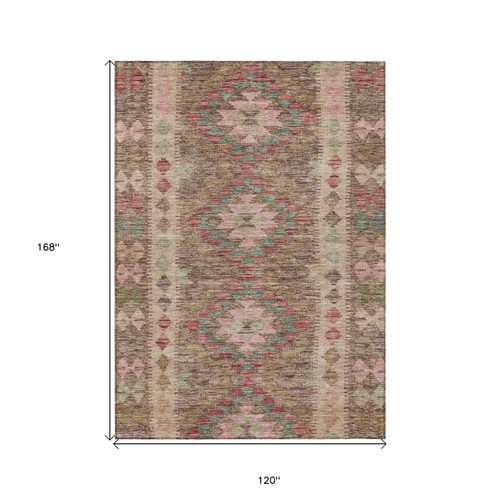 10' X 14' Brown Geometric Washable Indoor Outdoor Area Rug