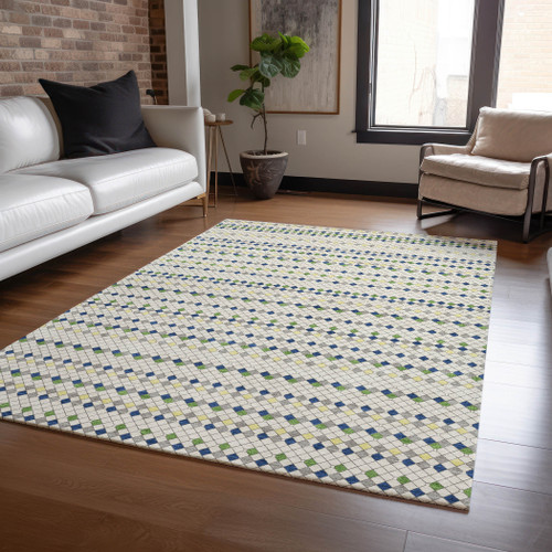 8' X 10' Linen And Lime Green Striped Washable Indoor Outdoor Area Rug