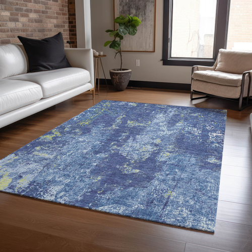 9' X 12' Navy Blue And Denim Blue Abstract Washable Indoor Outdoor Area Rug