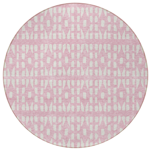 8' Pink And Ivory Round Geometric Washable Indoor Outdoor Area Rug