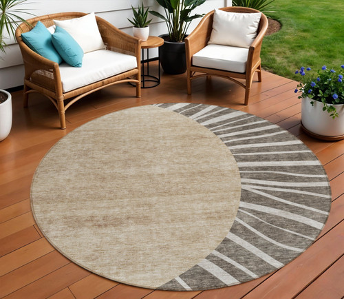 8' Chocolate Beige And Taupe Round Abstract Washable Indoor Outdoor Area Rug