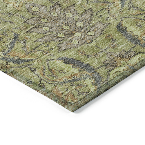 8' Artichoke Green Gray And Tan Round Damask Washable Indoor Outdoor Area Rug