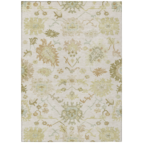 9' X 12' Ivory Green And Tan Floral Washable Indoor Outdoor Area Rug