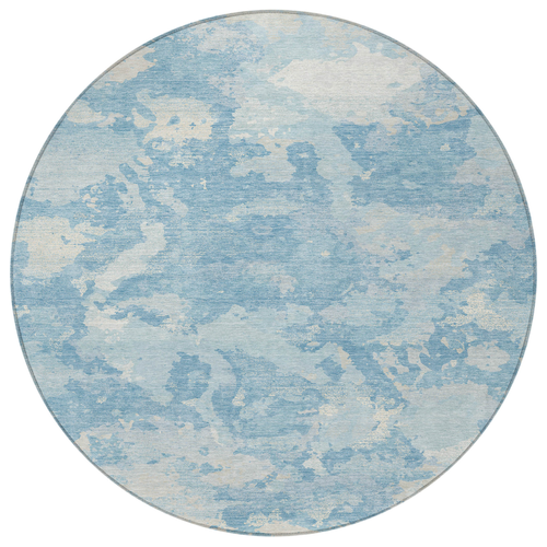 8' Sky Blue And Denim Blue Round Abstract Washable Indoor Outdoor Area Rug