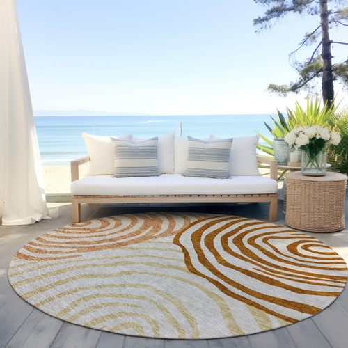 8' Terra Cotta Copper And Gold Round Abstract Washable Indoor Outdoor Area Rug