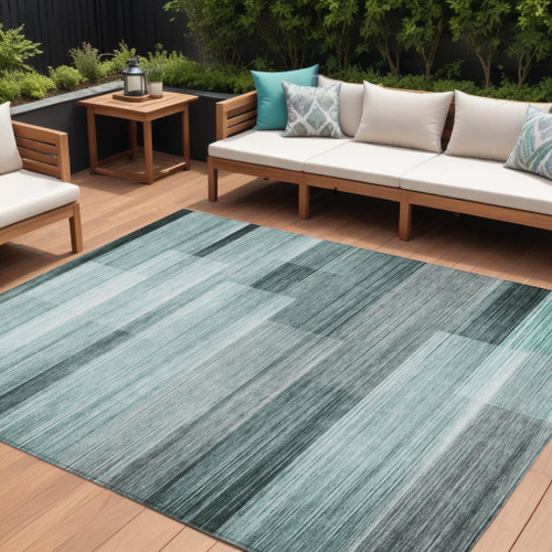 10' X 14' Teal Blue And Ivory Striped Washable Indoor Outdoor Area Rug - Teal Blue, Ivory