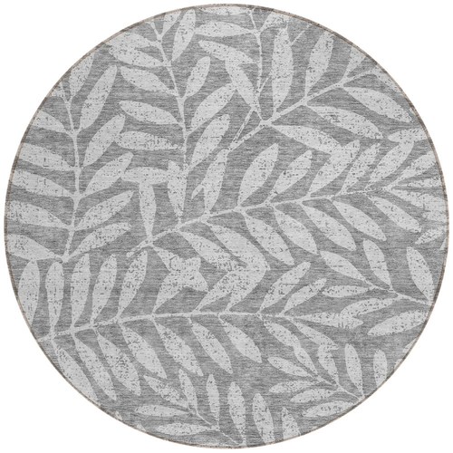 8' Gray And Light Gray Round Floral Washable Indoor Outdoor Area Rug