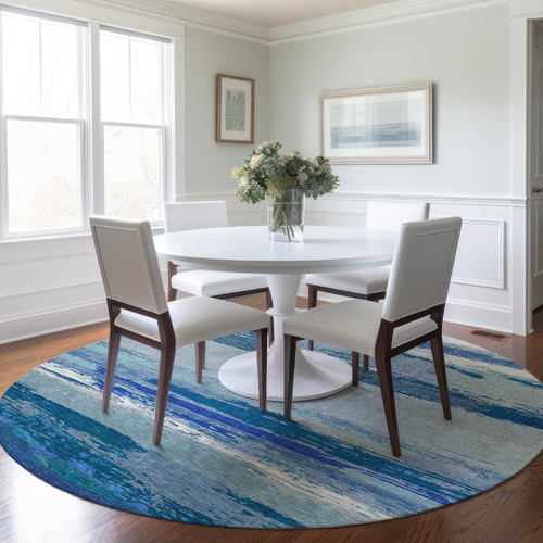 8' Blue Round Abstract Washable Indoor Outdoor Area Rug
