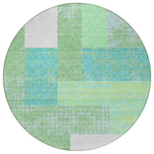 8' Sage Mint Green Teal Blue And Ivory Round Geometric Washable Indoor Outdoor Area Rug