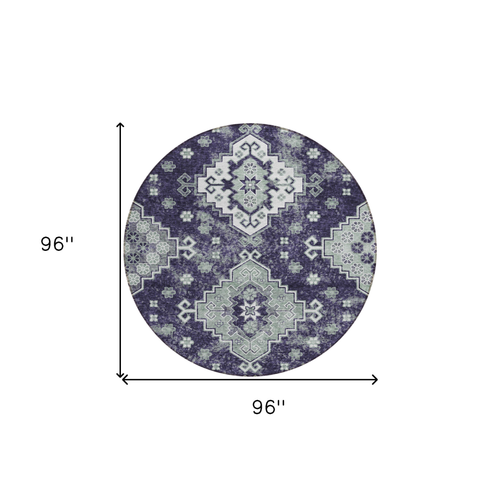 8' Purple Eggplant And Sage Round Medallion Washable Indoor Outdoor Area Rug