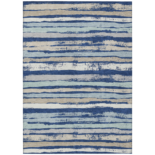 9' X 12' Navy Blue Beige And Ivory Striped Washable Indoor Outdoor Area Rug