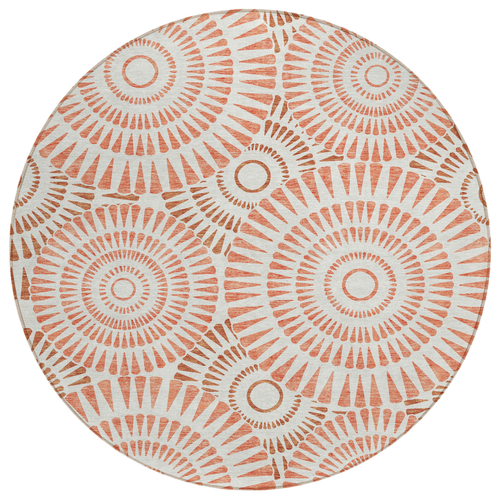 8' Coral And Ivory Round Geometric Washable Indoor Outdoor Area Rug