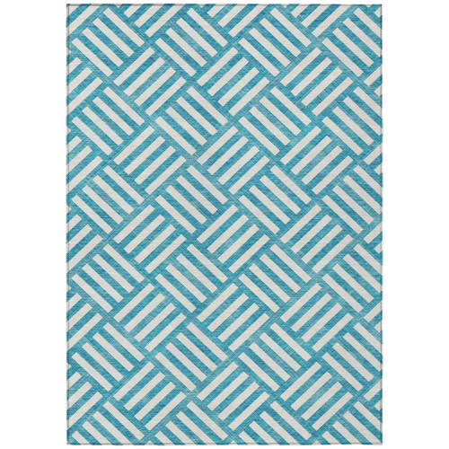 10' X 14' Teal Blue And Ivory Geometric Washable Indoor Outdoor Area Rug