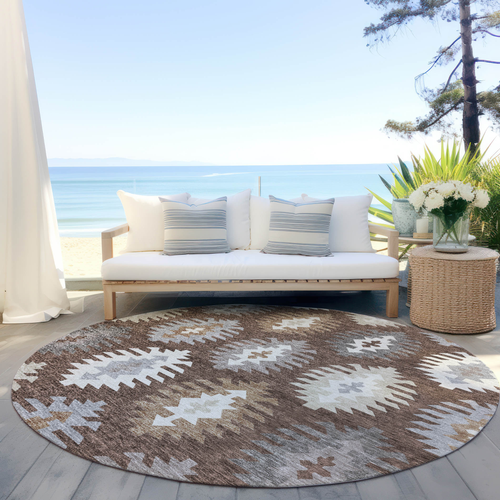 8' Brown Ivory And Taupe Round Southwestern Washable Indoor Outdoor Area Rug