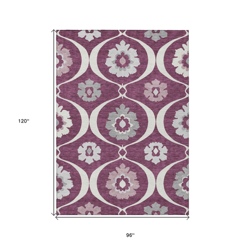 8' X 10' Eggplant Ivory And Gray Medallion Washable Indoor Outdoor Area Rug