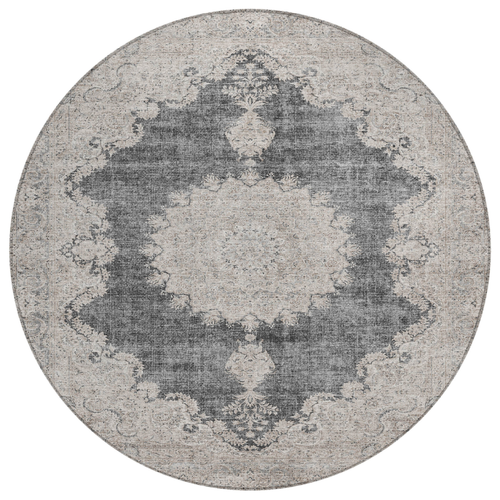 8' Black And Ivory Round Oriental Washable Indoor Outdoor Area Rug
