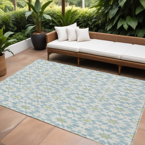 9' X 12' Sky Blue Ivory And Artichoke Green Floral Medallion Washable Indoor Outdoor Area Rug