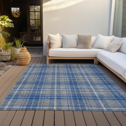 9' X 12' Gray Blue And Ivory Plaid Washable Indoor Outdoor Area Rug