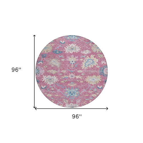 8' Pink Ivory And Denim Blue Round Floral Washable Indoor Outdoor Area Rug