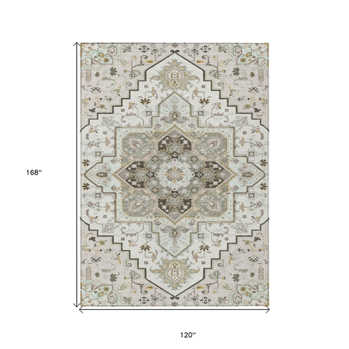 10' X 14' Ivory And Brown Oriental Washable Indoor Outdoor Area Rug