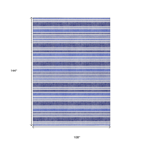 9' X 12' Blue Striped Washable Non Skid Indoor Outdoor Area Rug