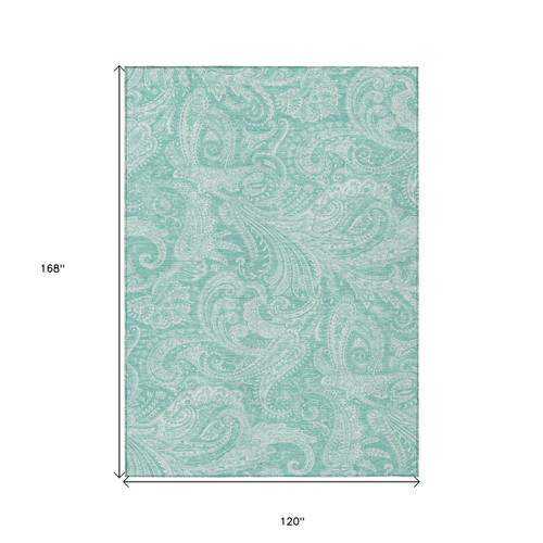 10' X 14' Teal Blue And Ivory Paisley Washable Indoor Outdoor Area Rug