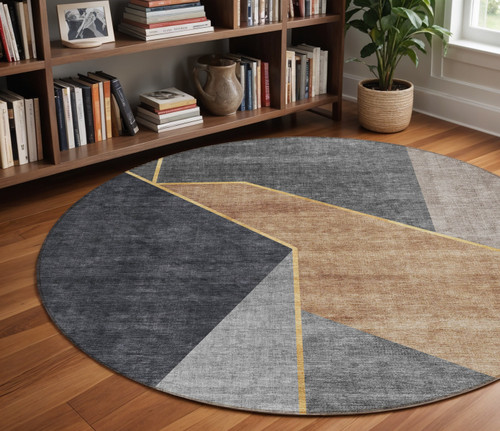 8' Charcoal Taupe And Gray Round Geometric Washable Indoor Outdoor Area Rug