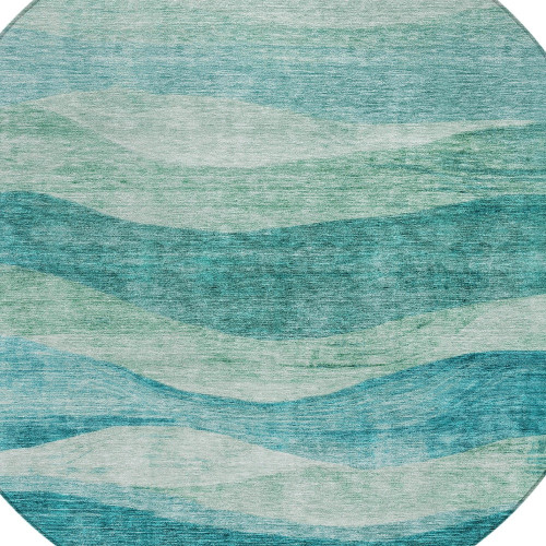 8' Teal Blue And Aqua Round Abstract Washable Indoor Outdoor Area Rug Transitional Style - Teal Blue, Aqua Color