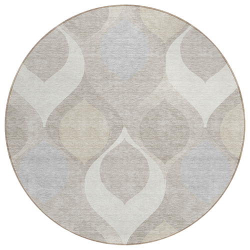 8' Ivory Beige And Tan Round Ogee Washable Indoor Outdoor Area Rug