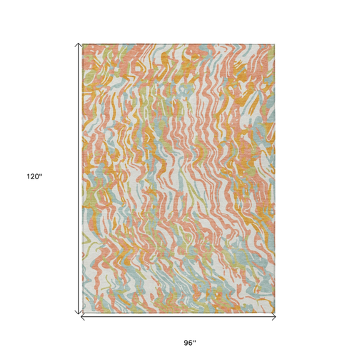 8' X 10' Coral Green And Copper Abstract Washable Indoor Outdoor Area Rug