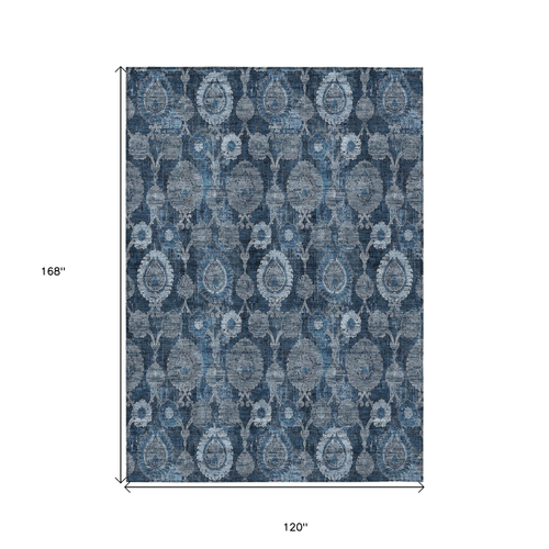 10' X 14' Navy Blue And Denim Blue Damask Washable Indoor Outdoor Area Rug
