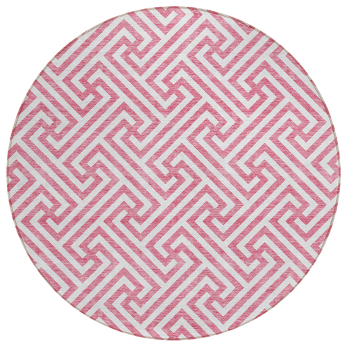 8' Pink And Ivory Round Geometric Washable Indoor Outdoor Area Rug