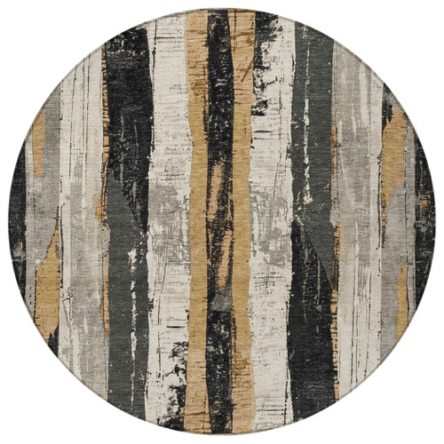 8' Taupe And Gold Round Striped Washable Indoor Outdoor Area Rug