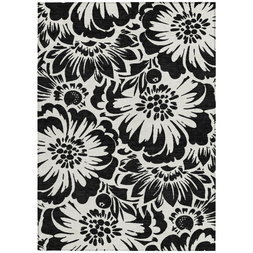 8' X 10' Black and Ivory Floral Washable Non Skid Indoor Outdoor Area Rug