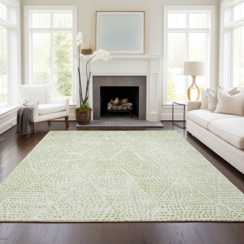8' X 10' Artichoke Green And Ivory Geometric Washable Indoor Outdoor Area Rug