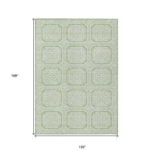 10' X 14' Mint Green And Ivory Geometric Washable Indoor Outdoor Area Rug