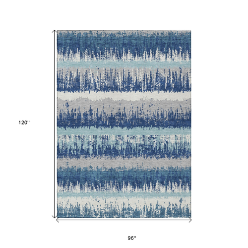 8' X 10' Blue Gray And Ivory Striped Washable Indoor Outdoor Area Rug