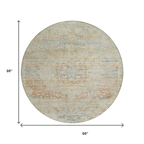 8' Tan And Beige Round Medallion Washable Indoor Outdoor Area Rug