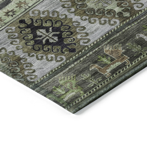 9' X 12' Fern Green Taupe And Ivory Tribal Washable Indoor Outdoor Area Rug
